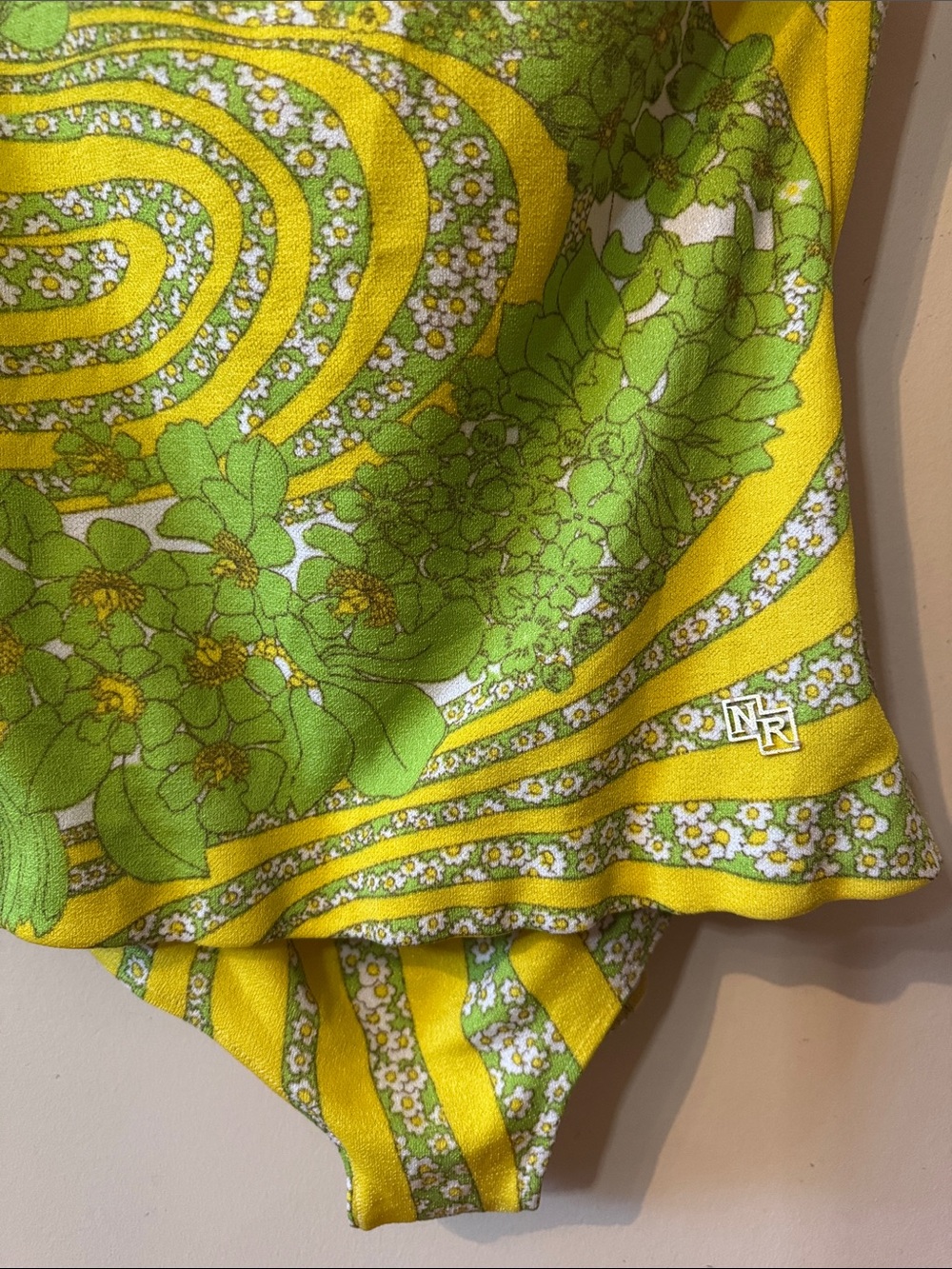 Vintage Nina Ricci Paris Mod Chartreuse Psychedelic Floral Bullet Bra Swimsuit - Picture 5 of 16